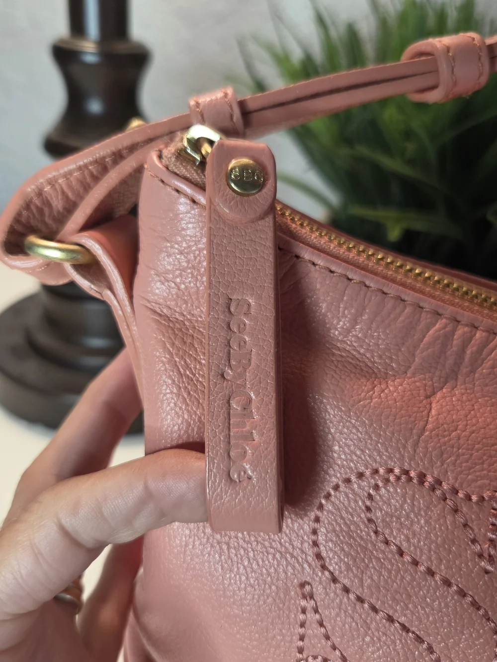 See By Chloe Embroidered Logo Pink Leather Shoulder Bag Satchel Hobo Handbag
